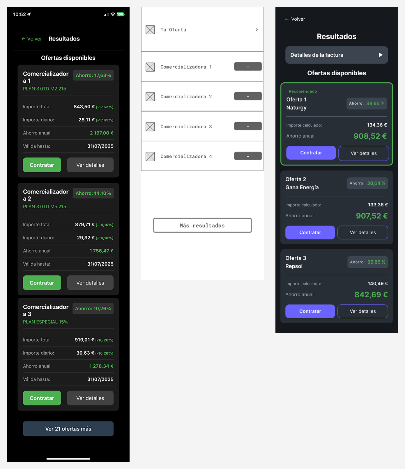 La lista de ofertas en tres tiempos: versión antigua, wireframe y versión final